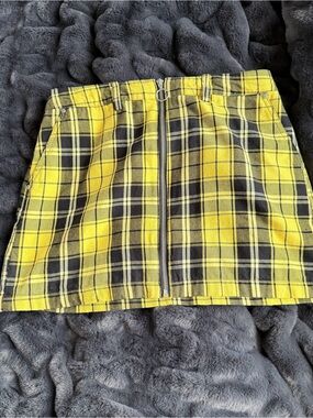 Yellow Plaid Front-Zip Mini Skirt